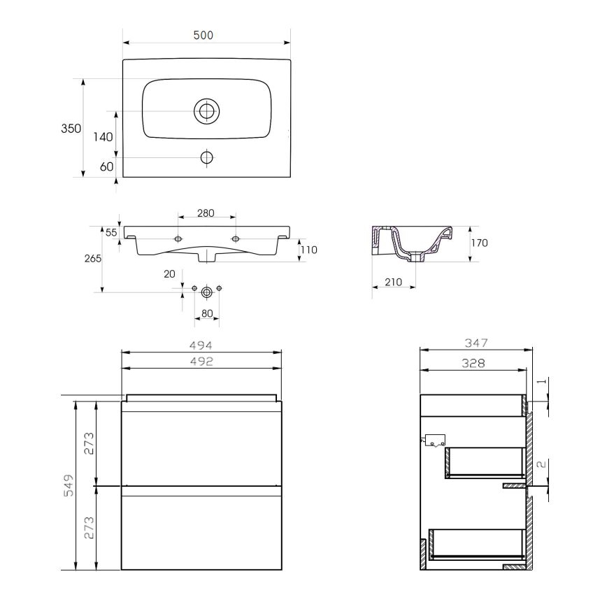 Cersanit S801-229-DSM - Stenska kopalniška omarica z umivalnikom MODUO SLIM 50x62x35 cm sijajno bela