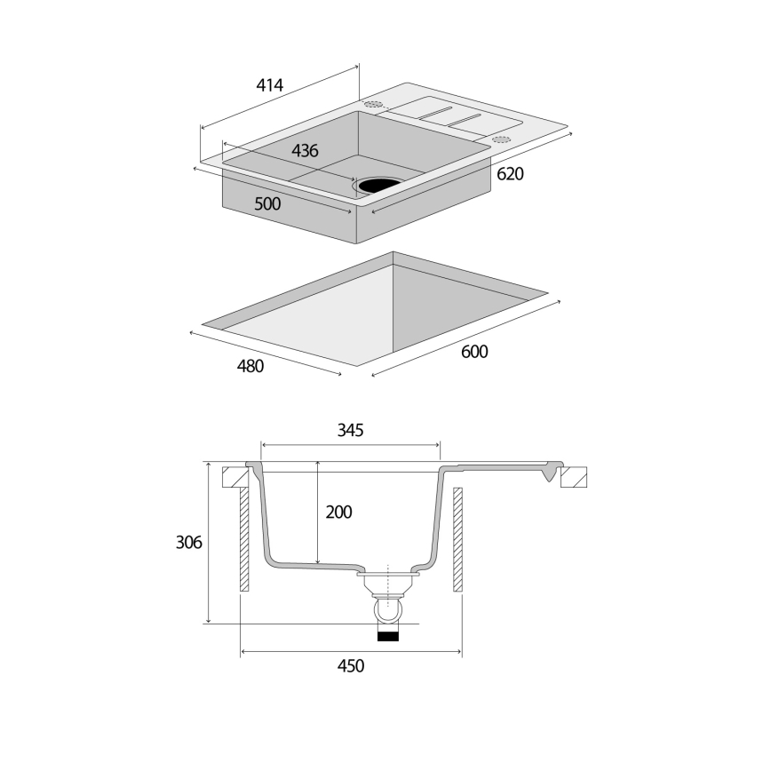 Concept DG05C45BC - Pomivalno korito CUBIS 50x62 cm iz granita/črna