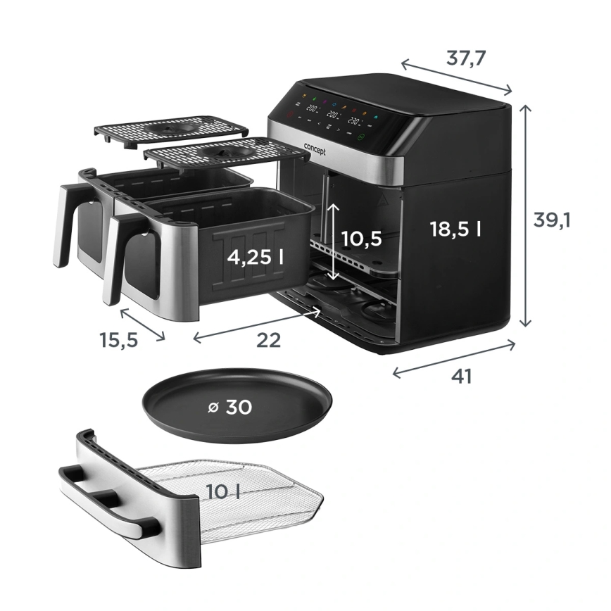 Concept FR9000 - zračna friteza PIZZA TRIO 18,5 l 2700W/230V nerjaveče jeklo/črna