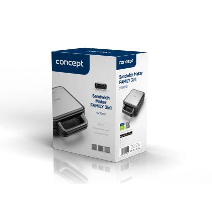 Concept SV3080 - Aparat za sendviče FAMILY 3v1 1200W/230V črna/nerjaveče jeklo