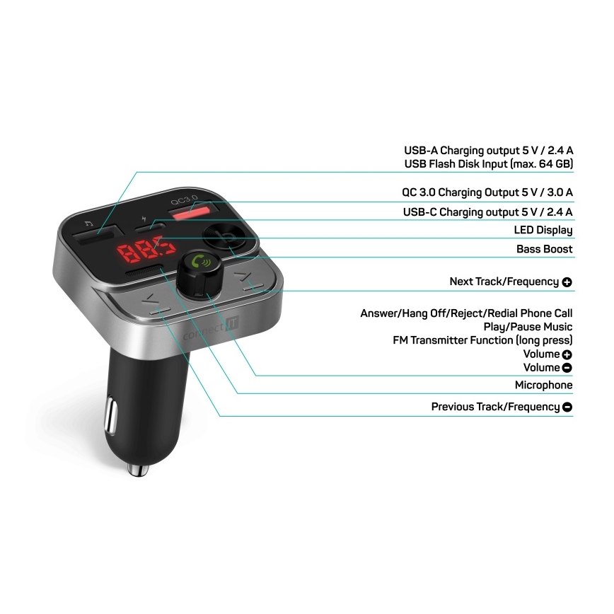 CONNECT IT CCC-8900-AN - FM oddajnik za avto s funkcijo prostoročnega telefoniranja, črno/srebrna