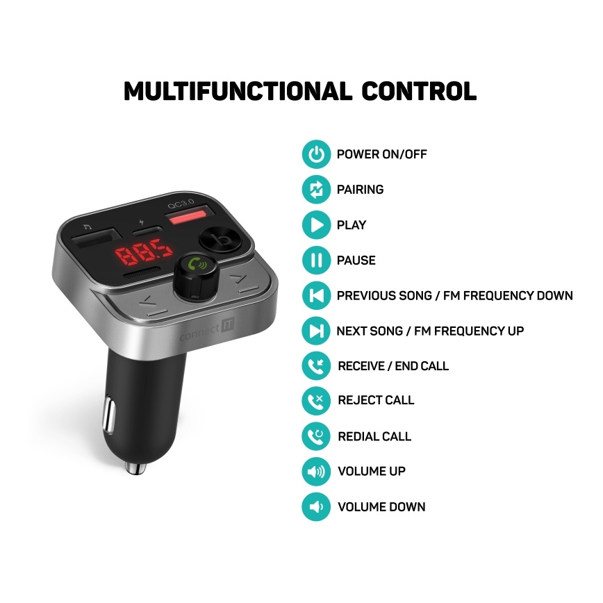 CONNECT IT CCC-8900-AN - FM oddajnik za avto s funkcijo prostoročnega telefoniranja, črno/srebrna