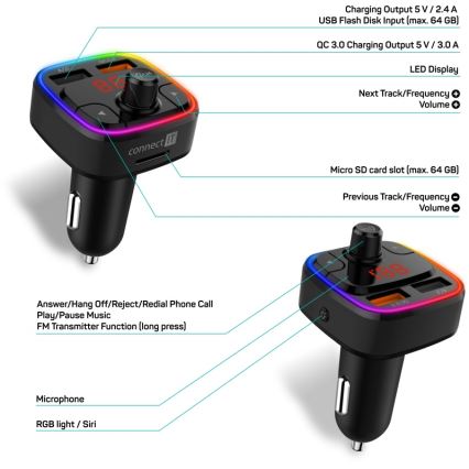 CONNECT IT CCC-9090-BK - LED RGB FM oddajnik za avto s prostoročno funkcijo črna
