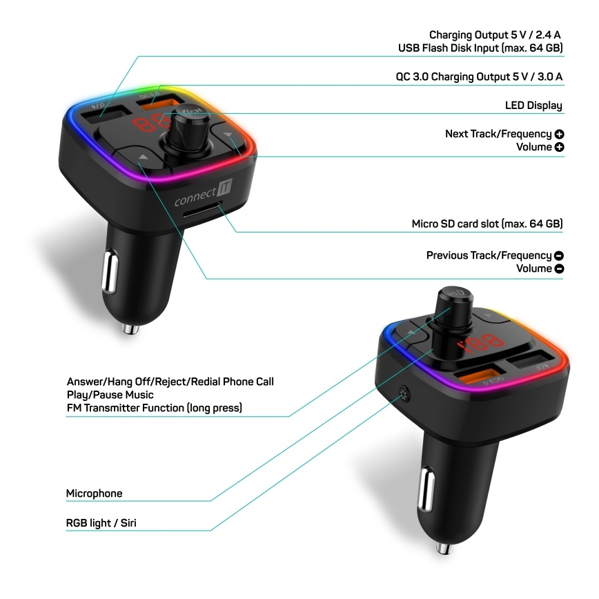 CONNECT IT CCC-9090-BK - LED RGB FM oddajnik za avto s prostoročno funkcijo črna
