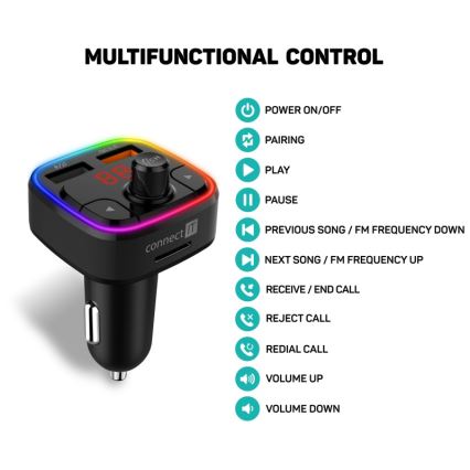 CONNECT IT CCC-9090-BK - LED RGB FM oddajnik za avto s prostoročno funkcijo črna