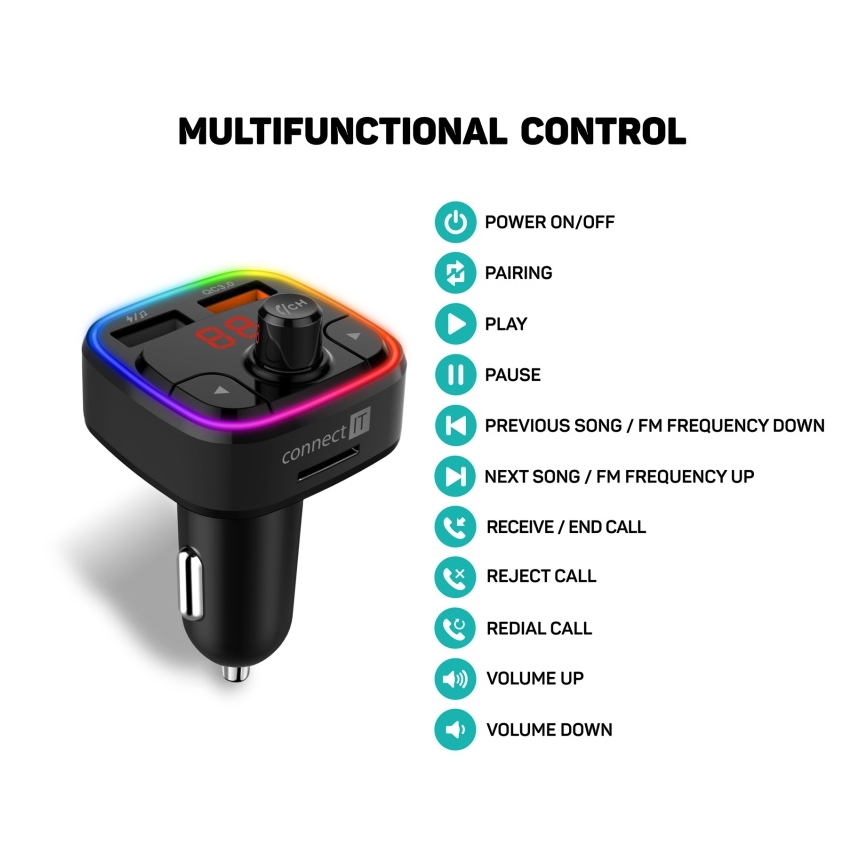 CONNECT IT CCC-9090-BK - LED RGB FM oddajnik za avto s prostoročno funkcijo črna