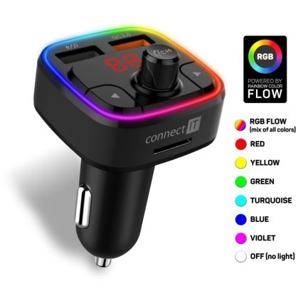 CONNECT IT CCC-9090-BK - LED RGB FM oddajnik za avto s prostoročno funkcijo črna