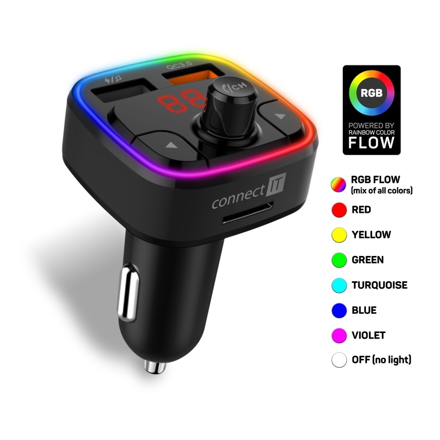 CONNECT IT CCC-9090-BK - LED RGB FM oddajnik za avto s prostoročno funkcijo črna