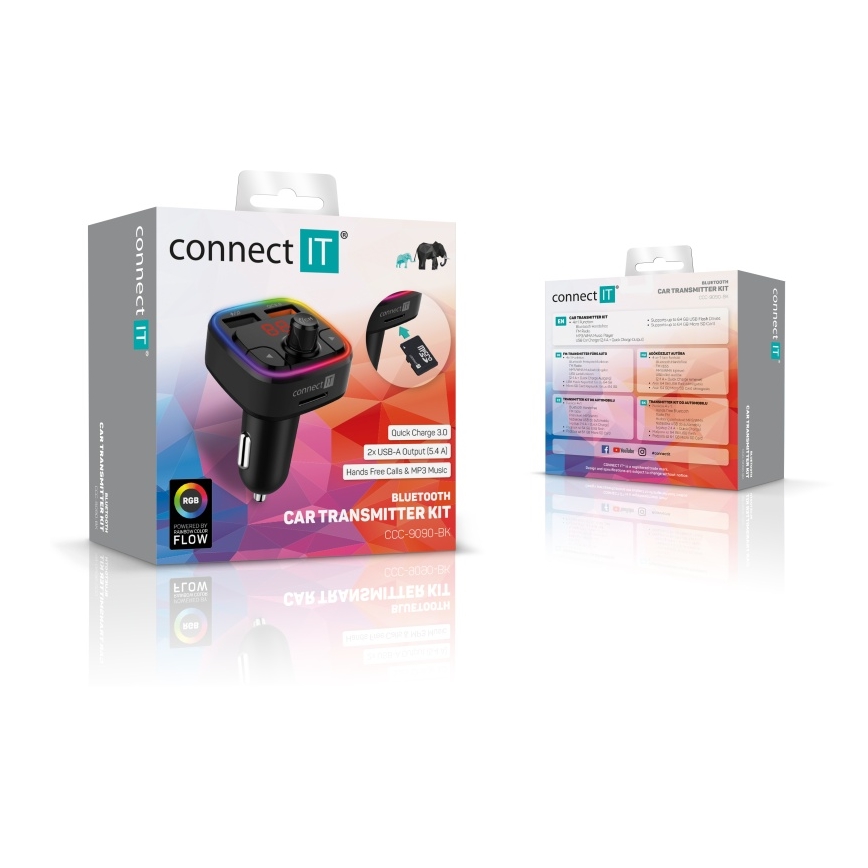 CONNECT IT CCC-9090-BK - LED RGB FM oddajnik za avto s prostoročno funkcijo črna