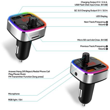 CONNECT IT CCC-9090-SL - LED RGB FM oddajnik za avto s prostoročno funkcijo črna/srebrna