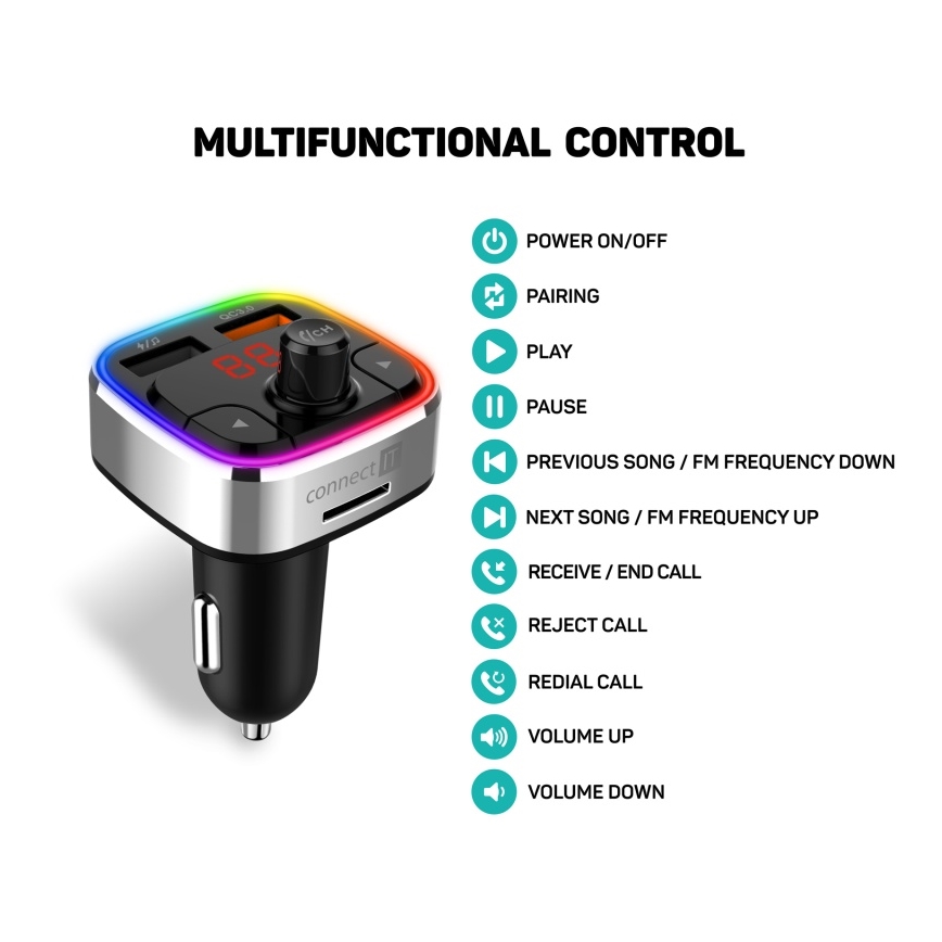 CONNECT IT CCC-9090-SL - LED RGB FM oddajnik za avto s prostoročno funkcijo črna/srebrna
