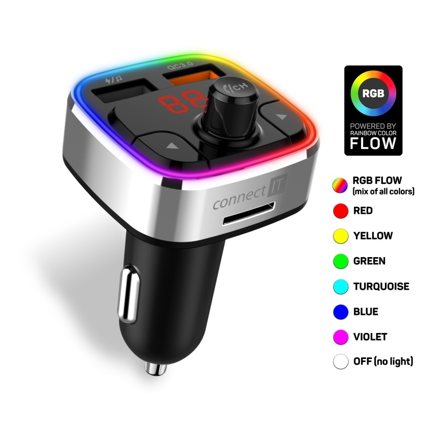 CONNECT IT CCC-9090-SL - LED RGB FM oddajnik za avto s prostoročno funkcijo črna/srebrna