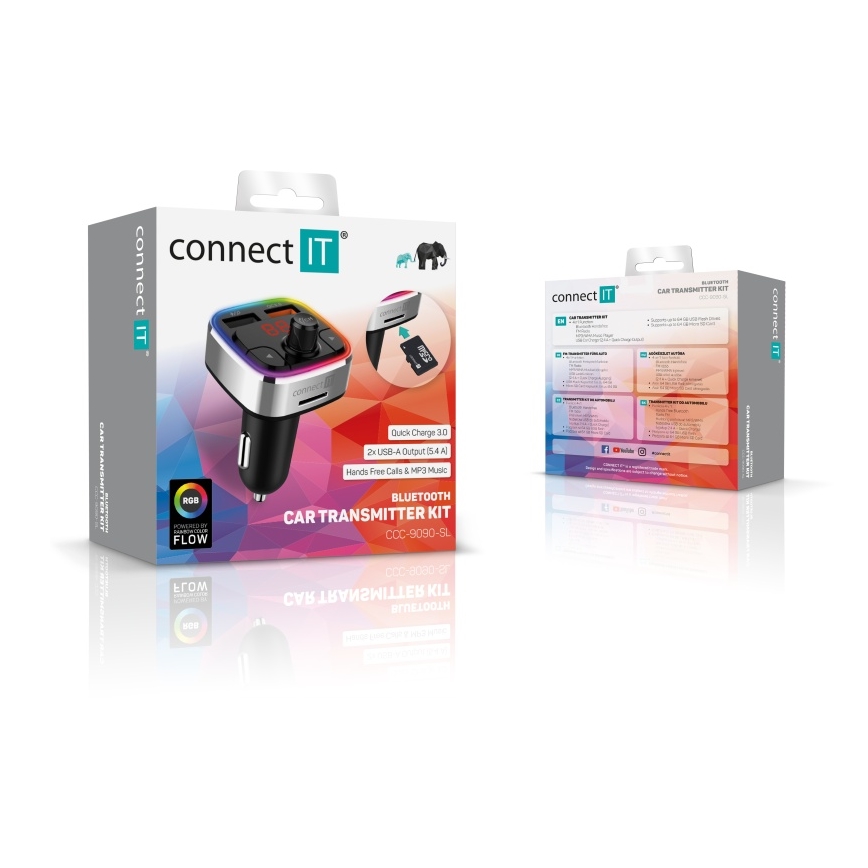 CONNECT IT CCC-9090-SL - LED RGB FM oddajnik za avto s prostoročno funkcijo črna/srebrna