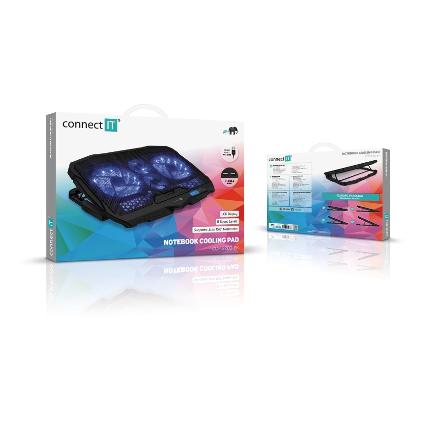 CONNECT IT CCP-2200-BK - Hladilna podloga za prenosnik 4x ventilator 2xUSB črna//modra