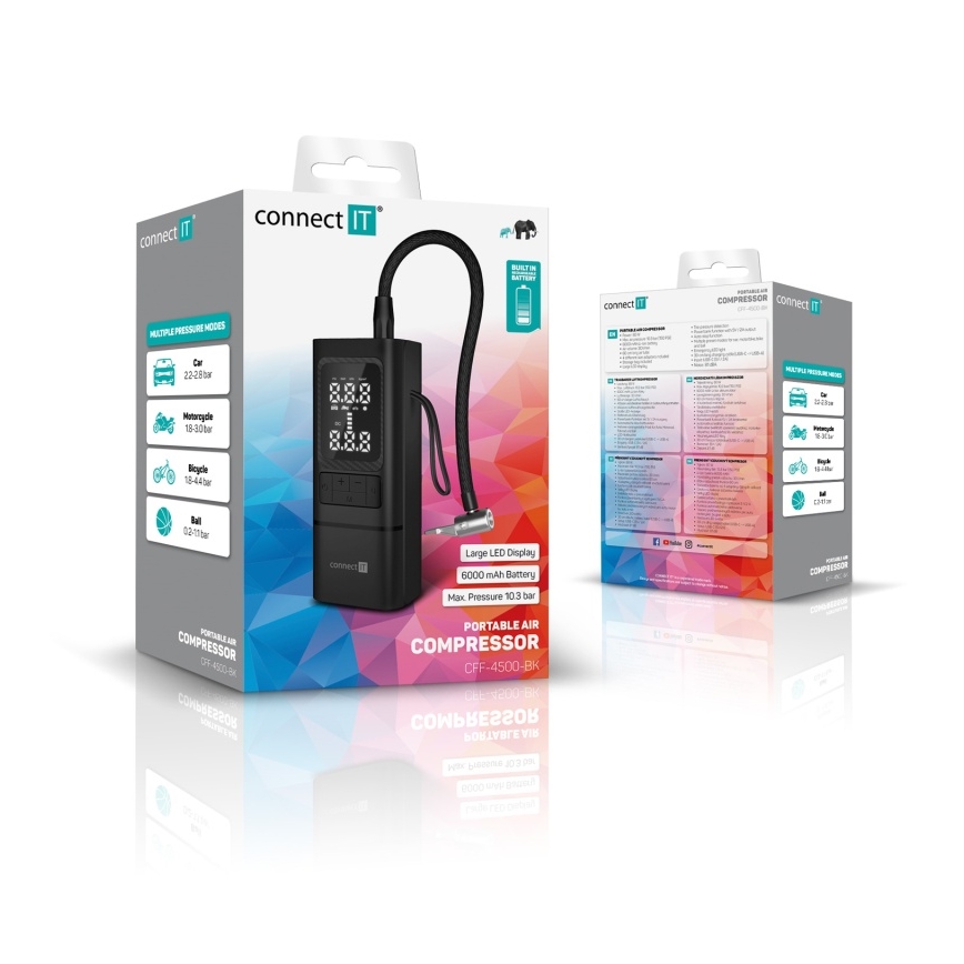 CONNECT IT CFF-4500-BK - Digitalni žepni kompresor AirFlow 80W/6000 mAh črn
