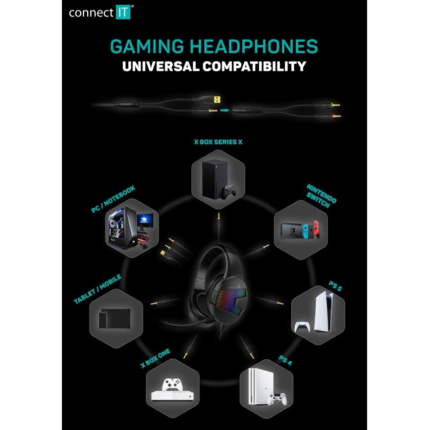 CONNECT IT CHP-3595-BK - LED RGB Žične gaming slušalke z mikrofonom črna