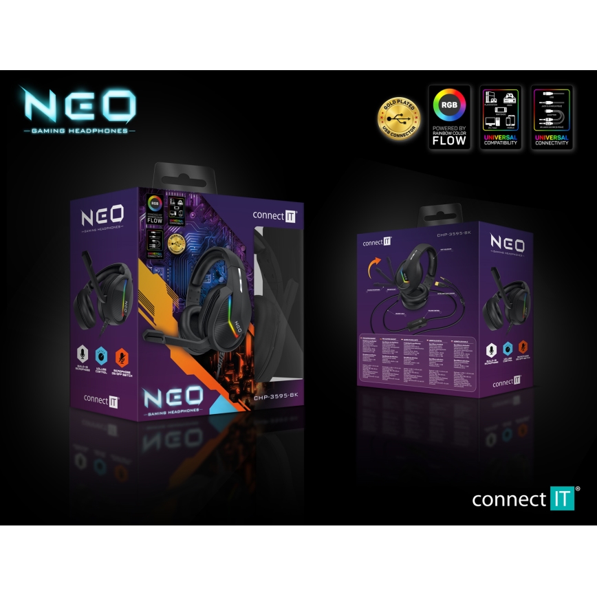 CONNECT IT CHP-3595-BK - LED RGB Žične gaming slušalke z mikrofonom črna