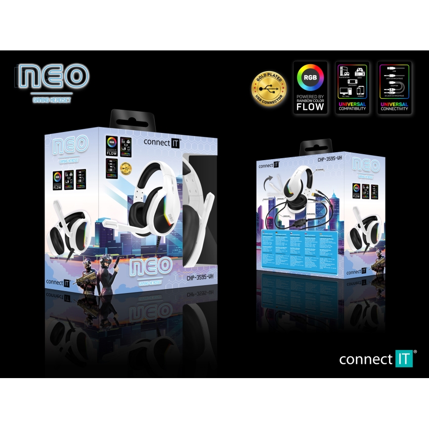 CONNECT IT CHP-3595-WH - LED RGB Žične gaming slušalke z mikrofonom bela/črna