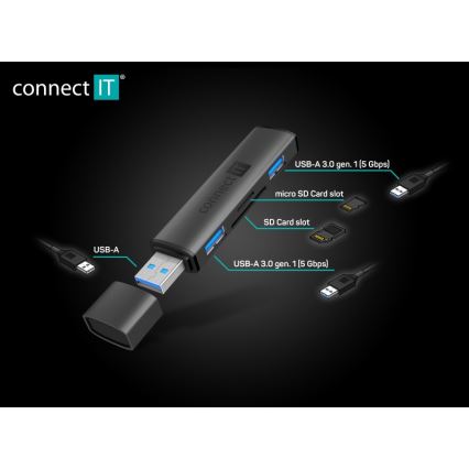 CONNECT IT CHU-4060-AN - USB-A vozlišče s bralnikom pomnilniških kartic 4v1
