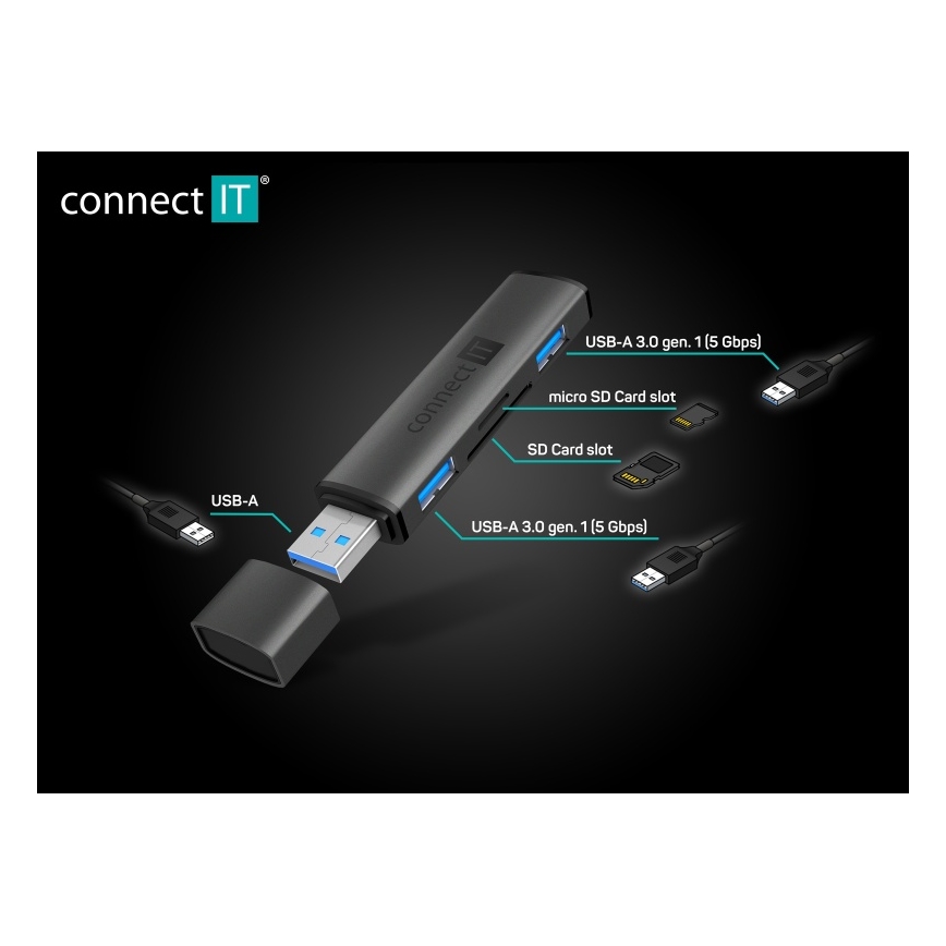 CONNECT IT CHU-4060-AN - USB-A vozlišče s bralnikom pomnilniških kartic 4v1