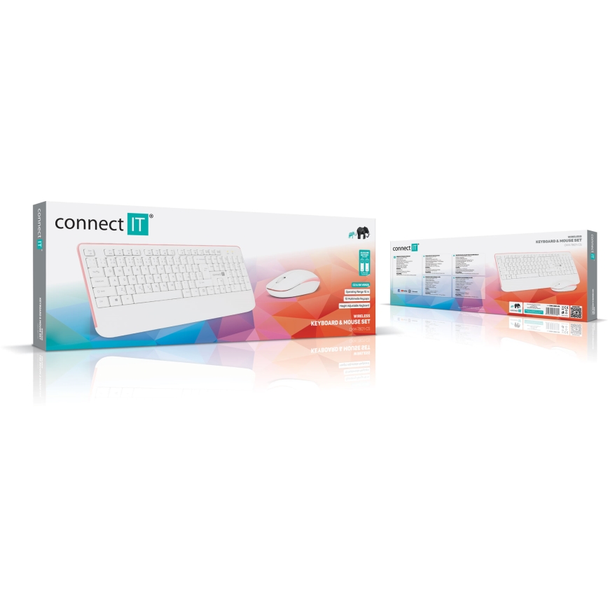 CONNECT IT CKM-7801-CS - Brezžična tipkovnica in miška 1200 DPI z CZ/SK localization 1xAAA + 1xAA bela/roza