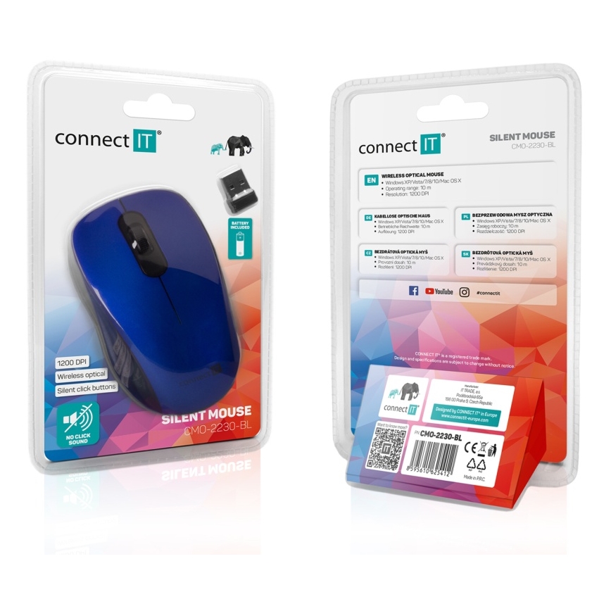 CONNECT IT CMO-2230-BL - Brezžična tiha miška MUTE 1200 DPI 1xAA črna/modra