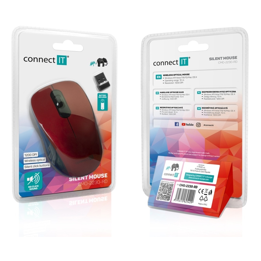 CONNECT IT CMO-2230-RD - Brezžična tiha miška MUTE 1200 DPI 1xAA črna/rdeča