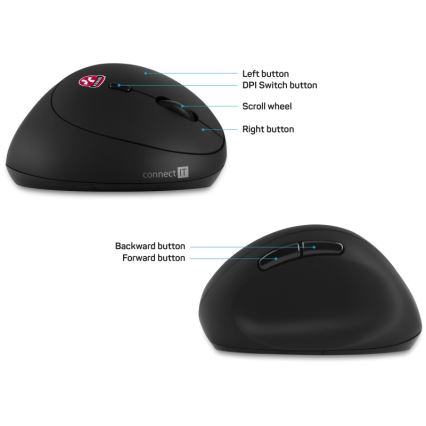 CONNECT IT CMO-2600-BK - Ergonomska brezžična miška 800/1200/1600 DPI, napajanje 1×AA, črna