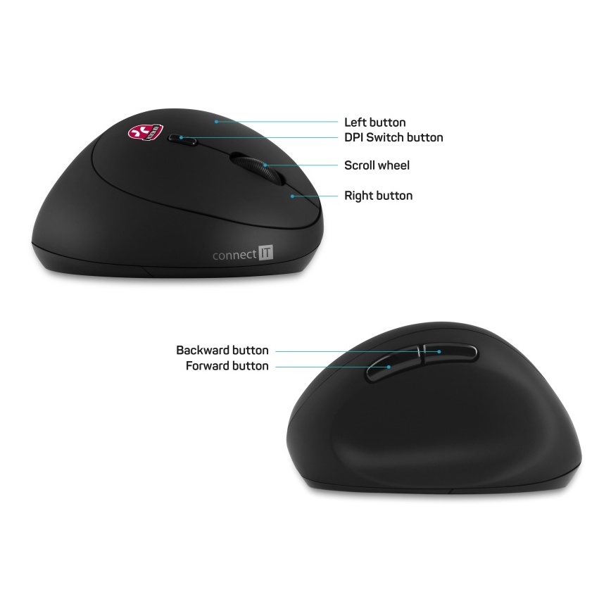CONNECT IT CMO-2600-BK - Ergonomska brezžična miška 800/1200/1600 DPI, napajanje 1×AA, črna
