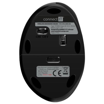 CONNECT IT CMO-2600-BK - Ergonomska brezžična miška 800/1200/1600 DPI, napajanje 1×AA, črna