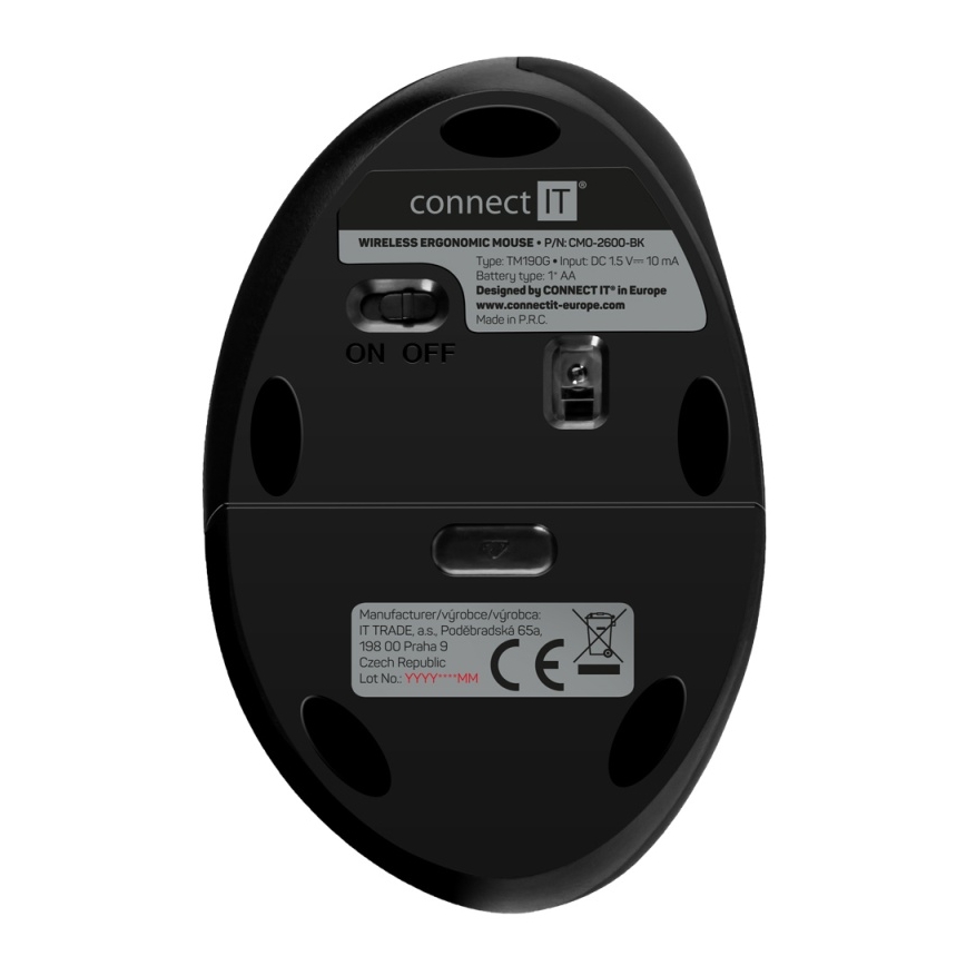 CONNECT IT CMO-2600-BK - Ergonomska brezžična miška 800/1200/1600 DPI, napajanje 1×AA, črna