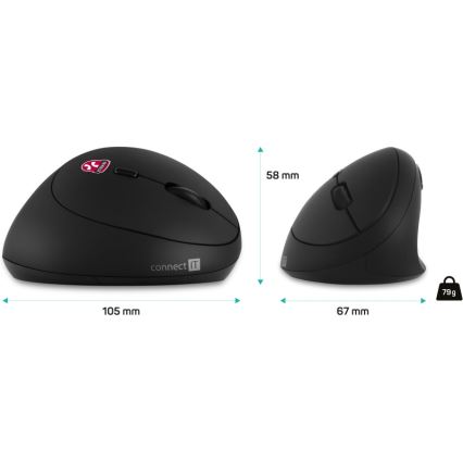 CONNECT IT CMO-2600-BK - Ergonomska brezžična miška 800/1200/1600 DPI, napajanje 1×AA, črna