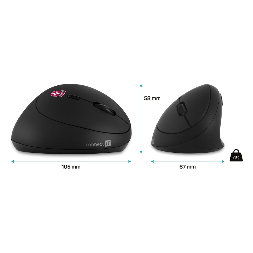 CONNECT IT CMO-2600-BK - Ergonomska brezžična miška 800/1200/1600 DPI, napajanje 1×AA, črna