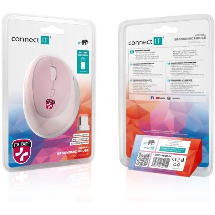 CONNECT IT CMO-2600-PK - Ergonomska brezžična miška 800/1200/1600 DPI 1xAA rožnata