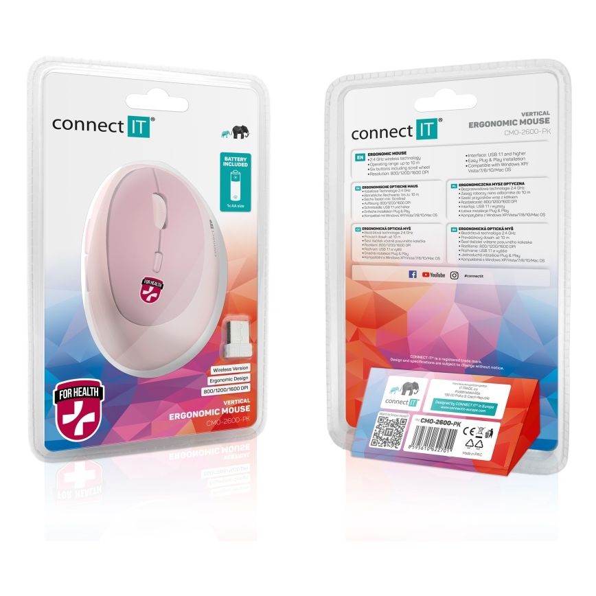CONNECT IT CMO-2600-PK - Ergonomska brezžična miška 800/1200/1600 DPI 1xAA rožnata