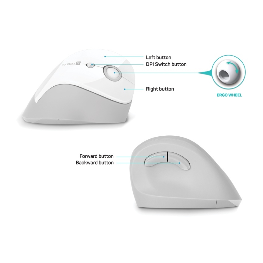CONNECT IT CMO-2700-WH - Ergonomska brezžična miška 800/1200/1600 DPI 1xAA bela