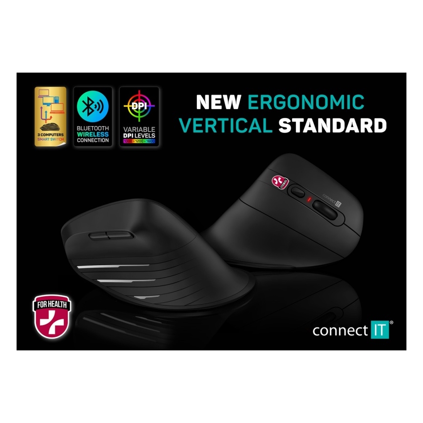 CONNECT IT CMO-2880-BK - Ergonomska brezžična miška Verti TriMode 1000/1600/2400 DPI 2xAAA črna