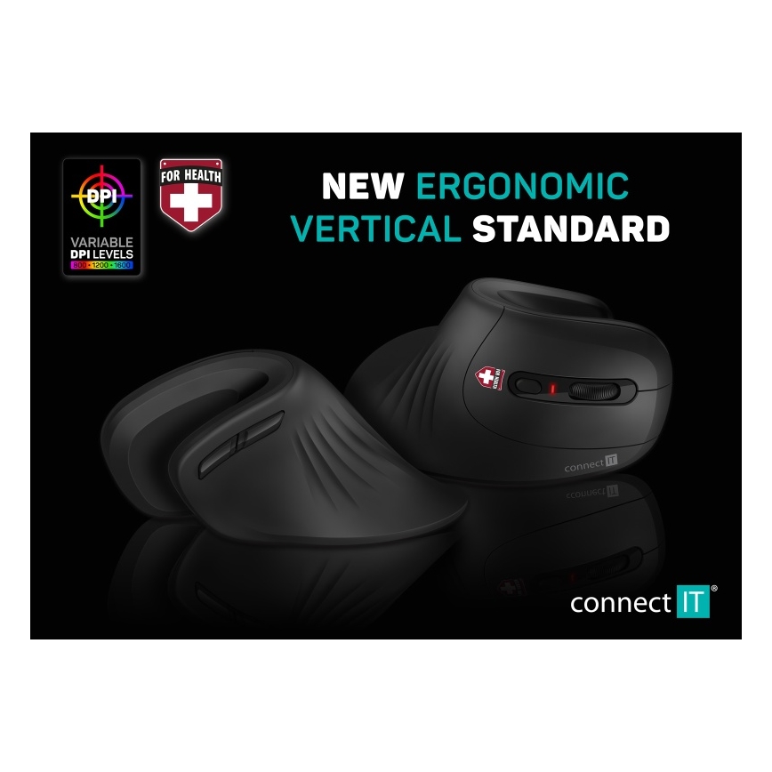 CONNECT IT CMO-2900-BK - Ergonomska brezžična miška 800/1200/1600 DPI 1xAA črna