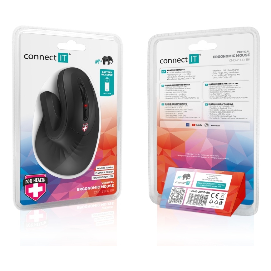 CONNECT IT CMO-2900-BK - Ergonomska brezžična miška 800/1200/1600 DPI 1xAA črna