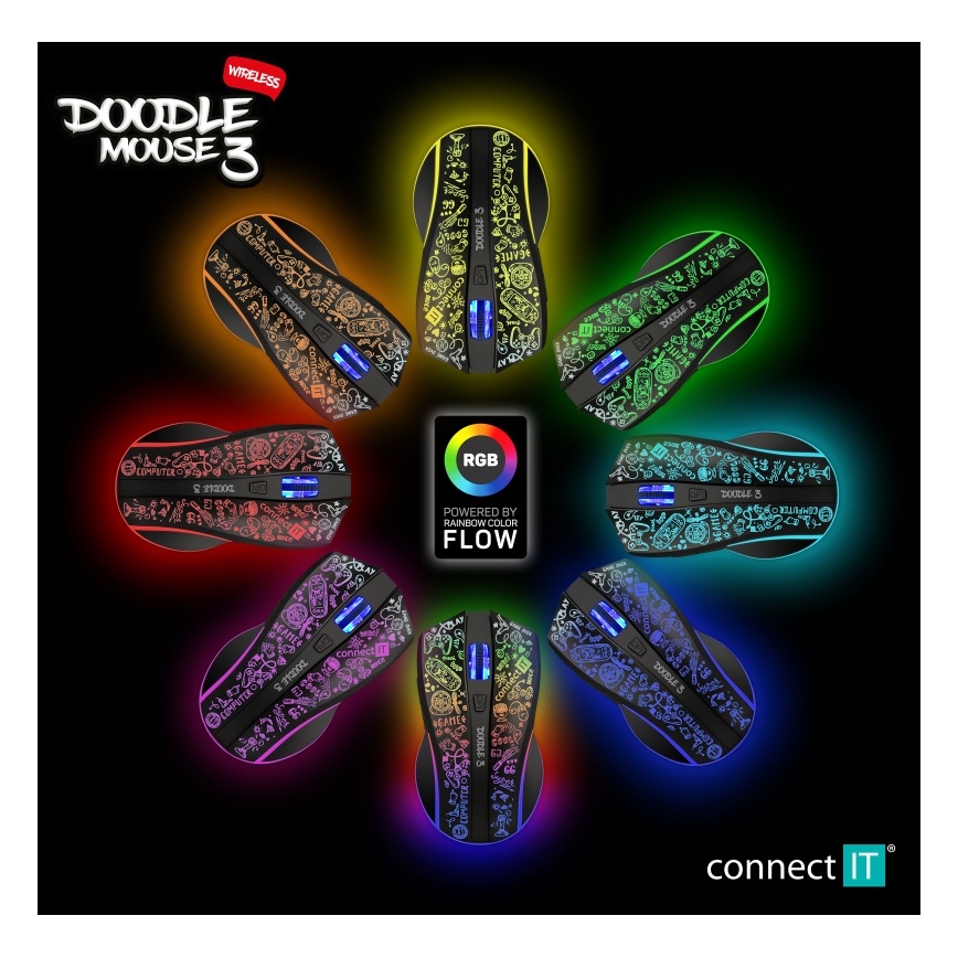 CONNECT IT CMO-3530-DD - LED RGB Brezžična polnilna gaming miška 800/1200/1600/2400/4800 DPI 600 mAh črna