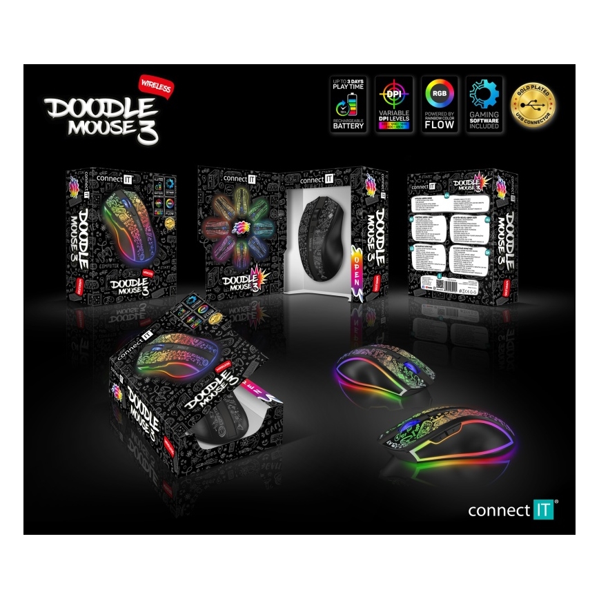 CONNECT IT CMO-3530-DD - LED RGB Brezžična polnilna gaming miška 800/1200/1600/2400/4800 DPI 600 mAh črna