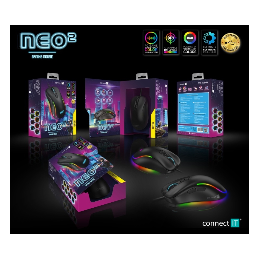 CONNECT IT CMO-3589-BK - LED RGB Žična gaming miška 200-7200 DPI črna