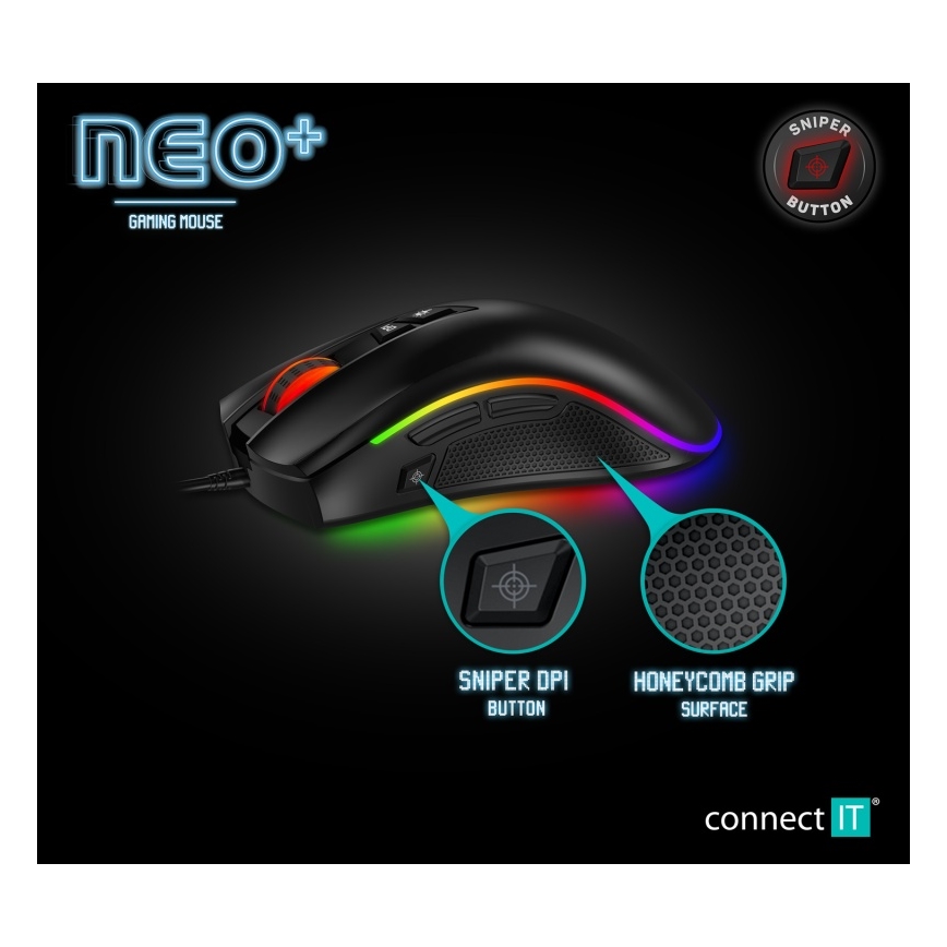 CONNECT IT CMO-3591-BK - LED RGB Žična gaming miška 500-7200 DPI črna