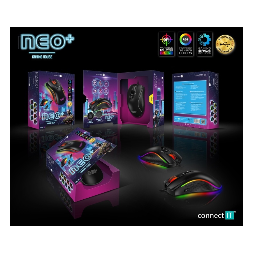 CONNECT IT CMO-3591-BK - LED RGB Žična gaming miška 500-7200 DPI črna