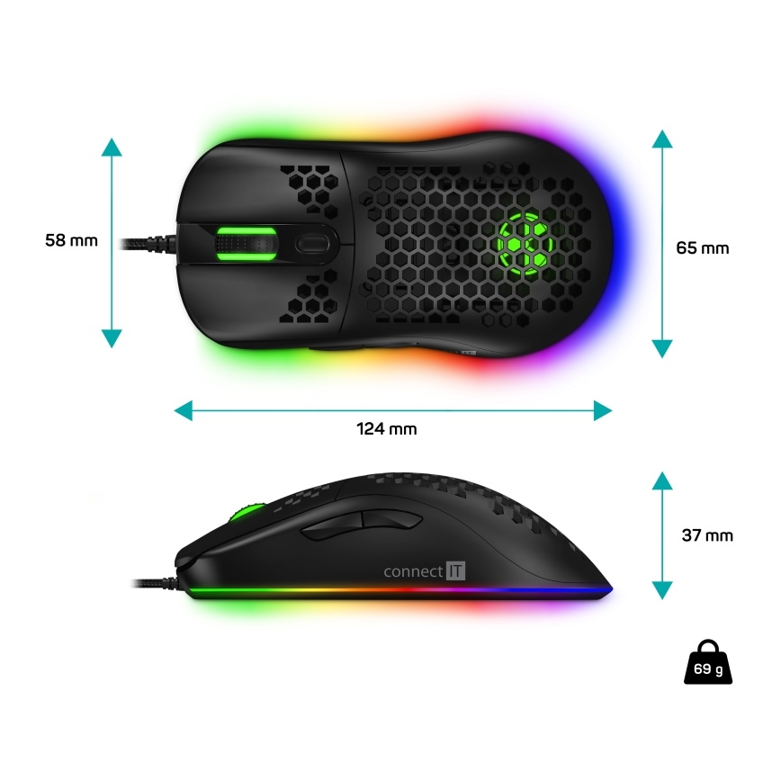 CONNECT IT CMO-5511-BK - LED RGB Žična gaming miška 200-12800 DPI črna