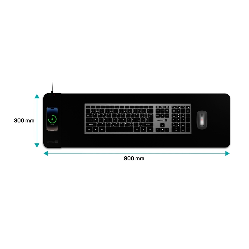 CONNECT IT CMP-2500-LG - Podloga za tipkovnico in miška z Qi brezžično polnjenje 80x30 cm črna