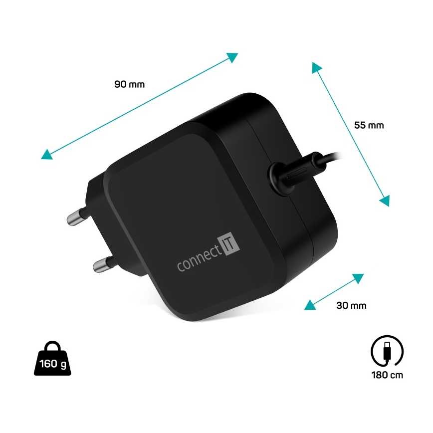 CONNECT IT CNP-1660-BK - Univerzalni napajalnik za prenosne računalnike USB-C 67W