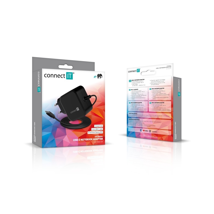 CONNECT IT CNP-1660-BK - Univerzalni napajalnik za prenosne računalnike USB-C 67W