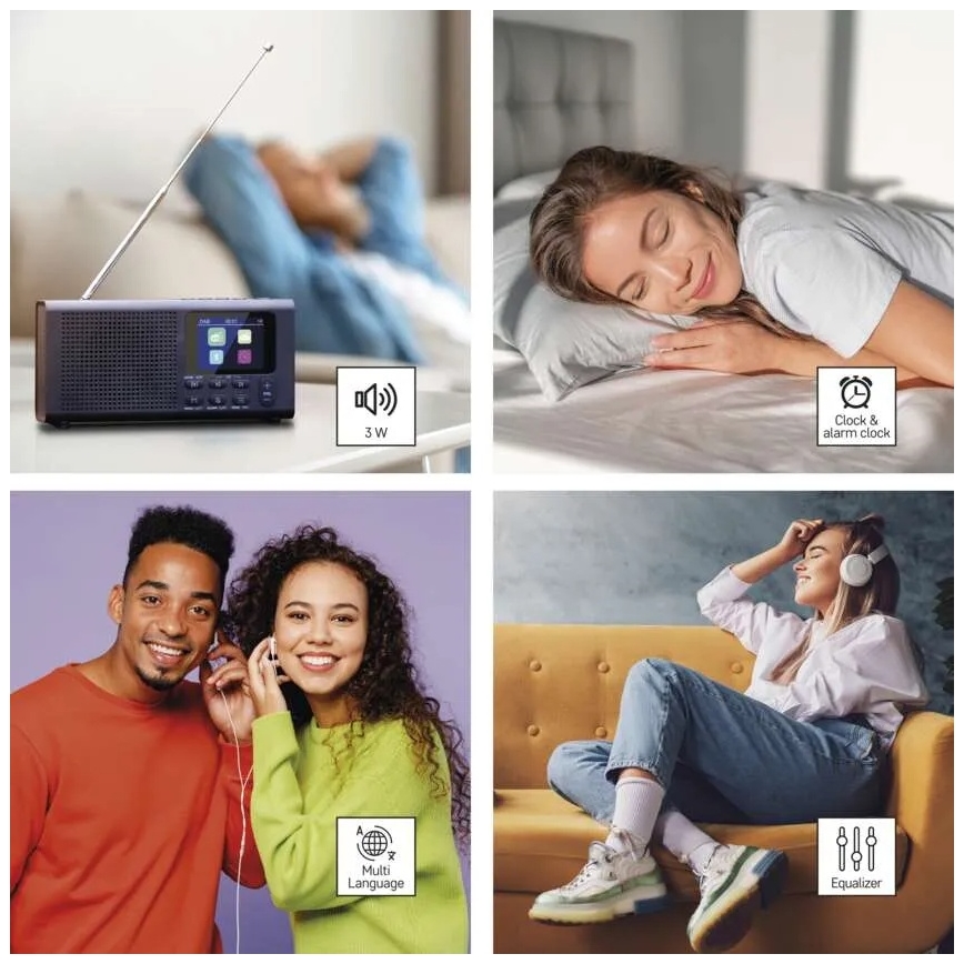 DAB DAB+ FM radio 3W/5V/4xAA črno
