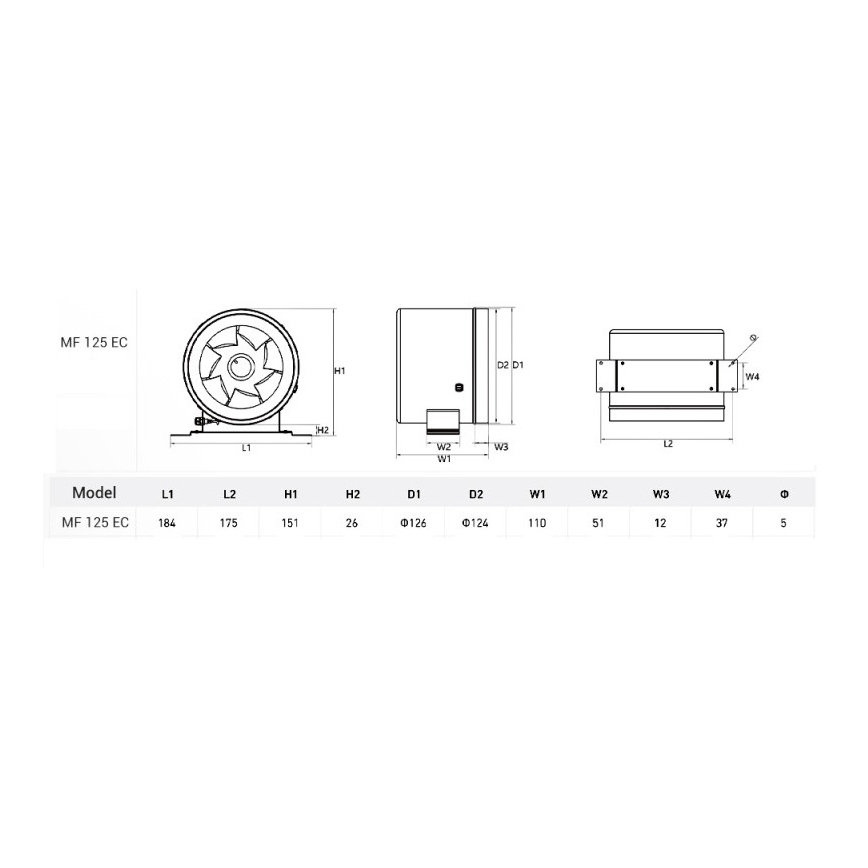 Dalap 24MF125 - Kanalski ventilator z varčnim motorjem in regulatorjem hitrosti MF 125 EC 20W/230V